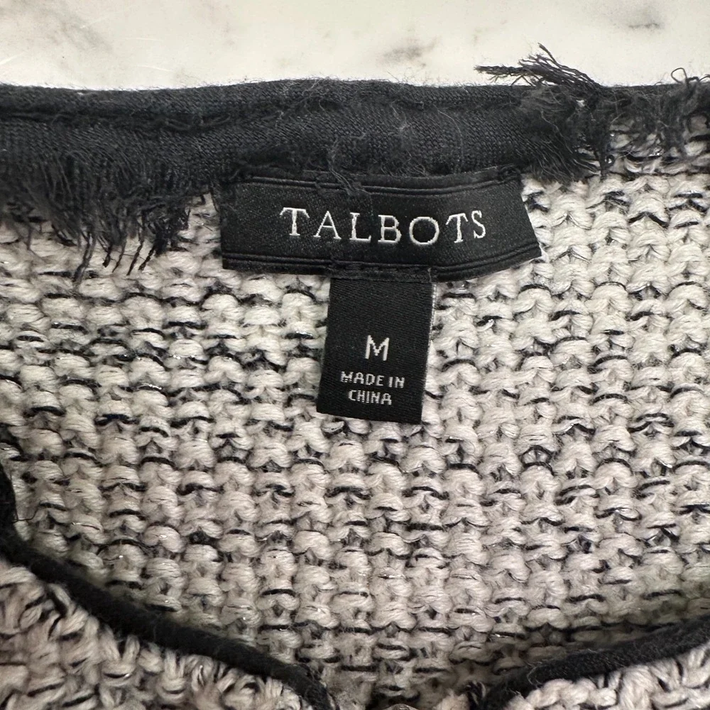 Talbots Womens Black‎ White Marled Metallic Zip Front Knit Cardigan Sweater Sz M